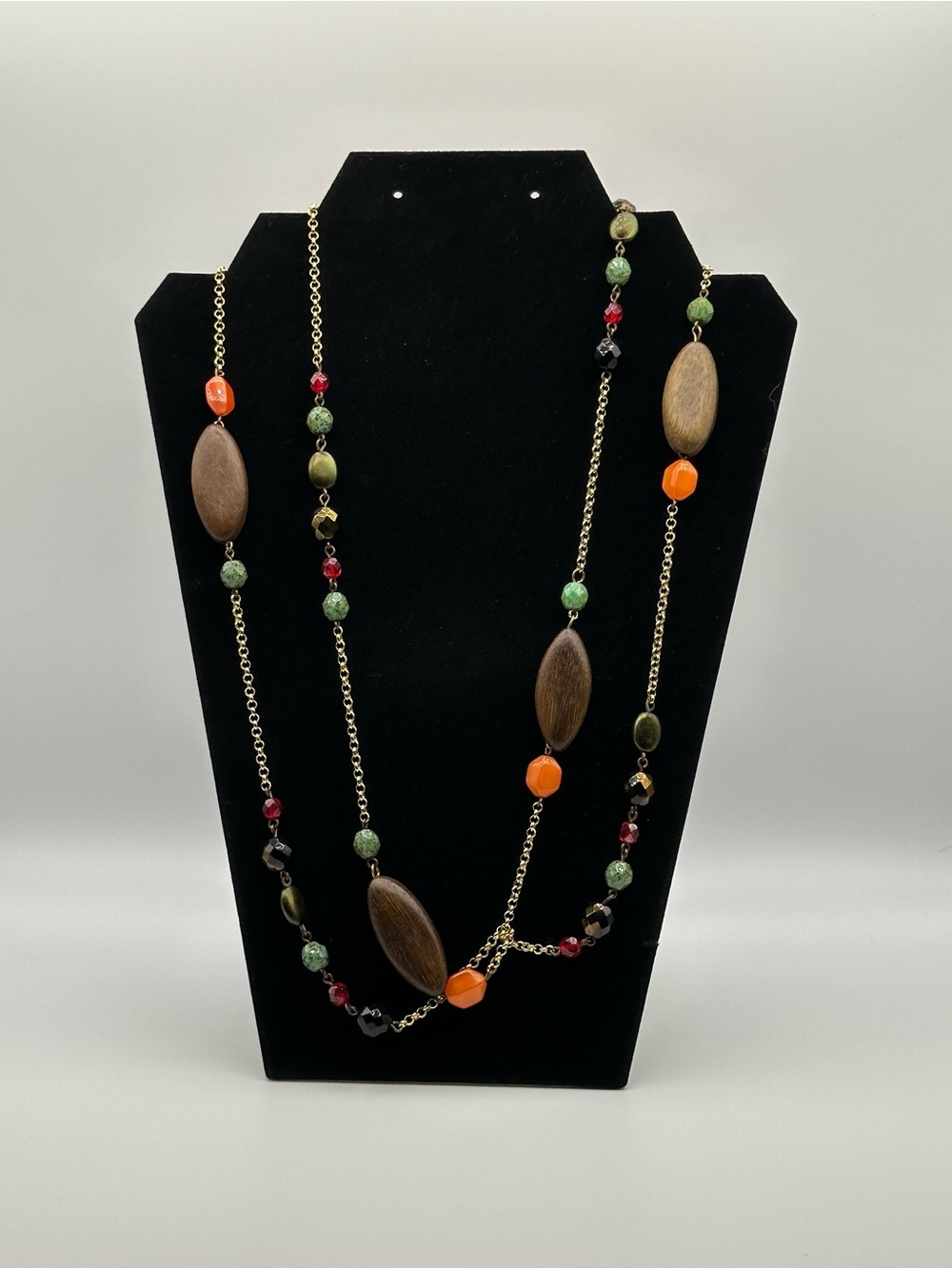Vintage Boho Oval Wood & Multi Color Glass Beaded Layering Necklace⁠
